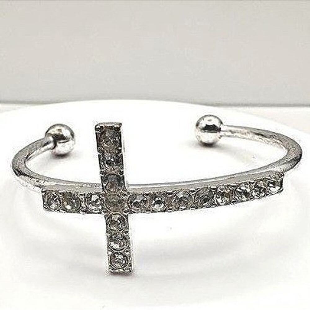 Vintage 90s Silver Tone Rhinestone Cross Cuff Bracelet Religious Fashion Jewelry